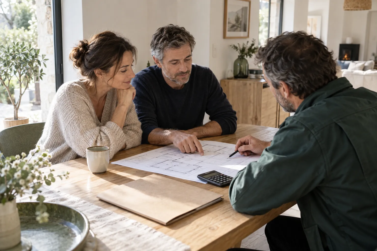 Illustration d’un échange autour du plan d’une maison pour préparer un projet de chauffage