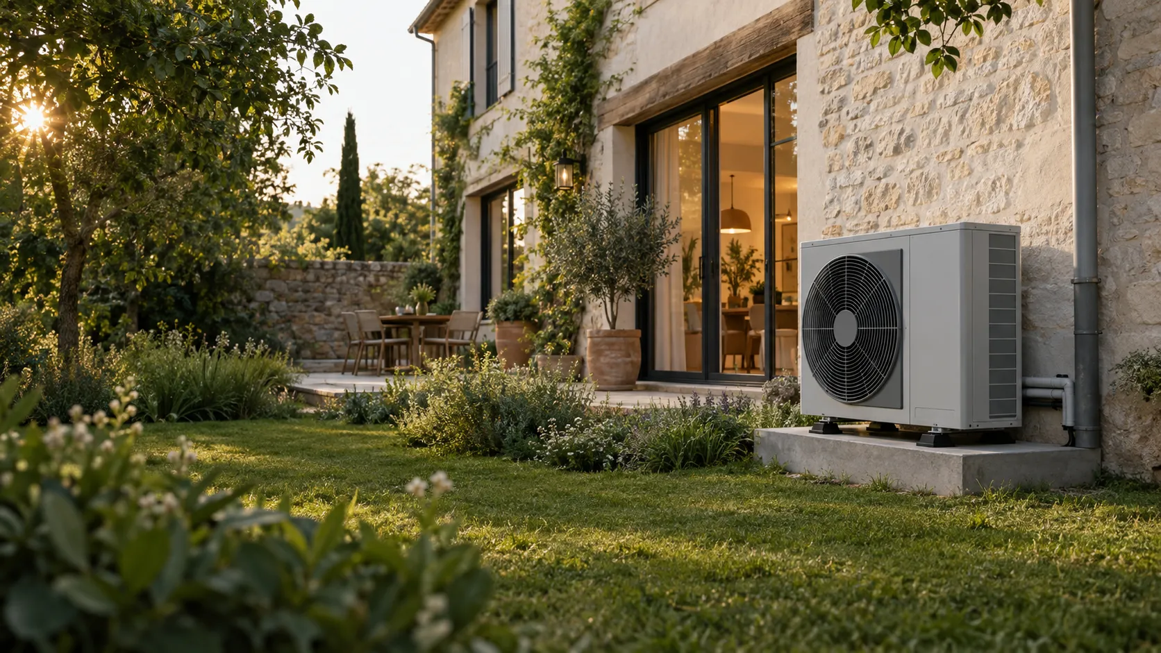 Illustration d’une maison avec une pompe à chaleur air/eau dans son jardin